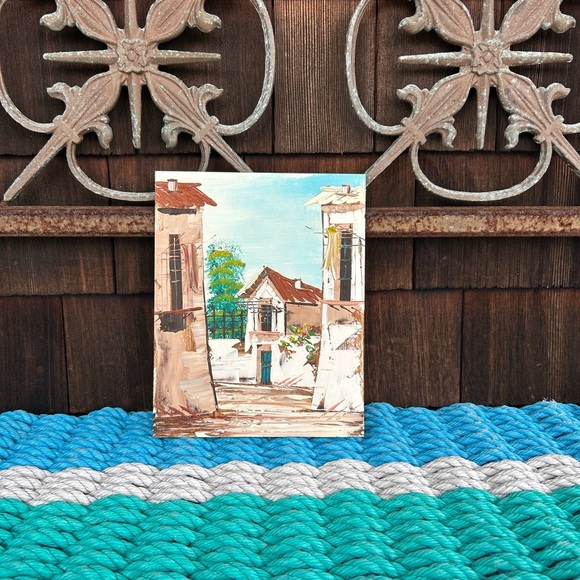 Oil painting of a rustic Spanish village on board measures 8.5 by 7 inches. - Picture 5 of 7